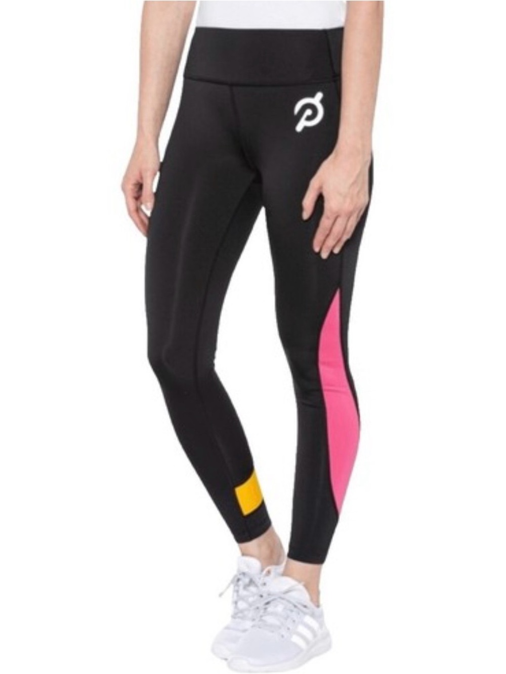 Peloton Black Leggings with Pink Side Panel & Yellow Ankle Accent